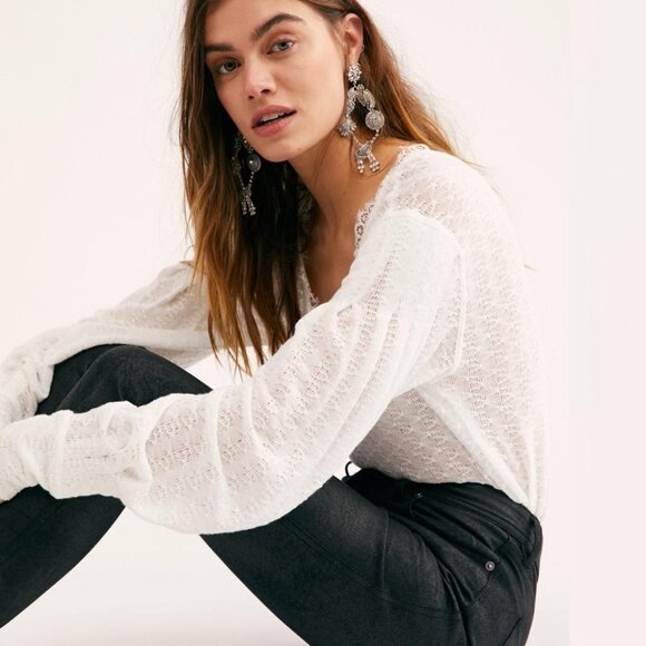 NWT Free People Dreamgirl Top Ivory White Knit Lace Size Large Bohemian New Boho - Picture 2 of 7
